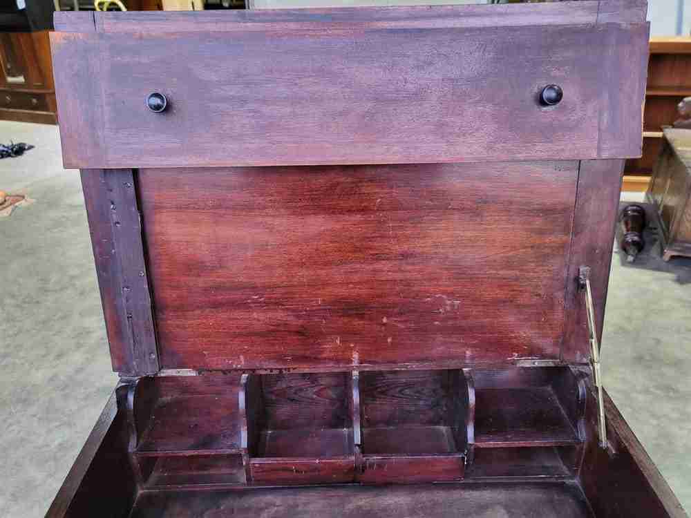 Vintage 20thC foldover small beech writing desk cupboard bureau 2 doors shelves