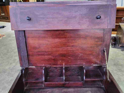 Vintage 20thC foldover small beech writing desk cupboard bureau 2 doors shelves