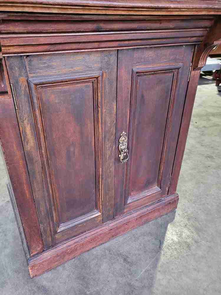 Vintage 20thC foldover small beech writing desk cupboard bureau 2 doors shelves