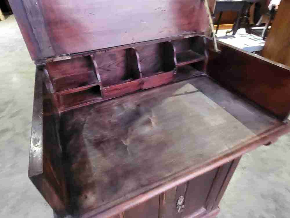 Vintage 20thC foldover small beech writing desk cupboard bureau 2 doors shelves