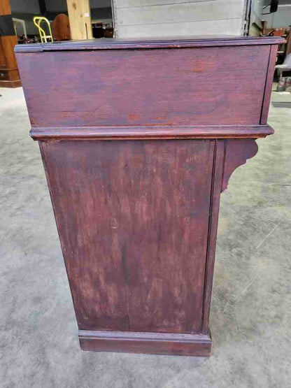 Vintage 20thC foldover small beech writing desk cupboard bureau 2 doors shelves