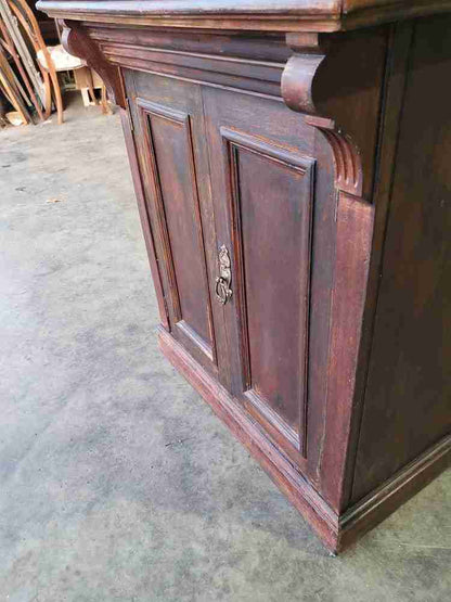 Vintage 20thC foldover small beech writing desk cupboard bureau 2 doors shelves