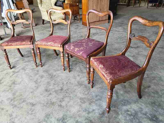 Four mixed Victorian mahogany bar back dining chairs carved legs drop in seats