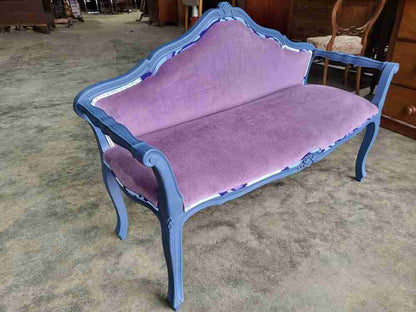 Small French bed end hall bathroom sofa painted blue cabriole legs sprung