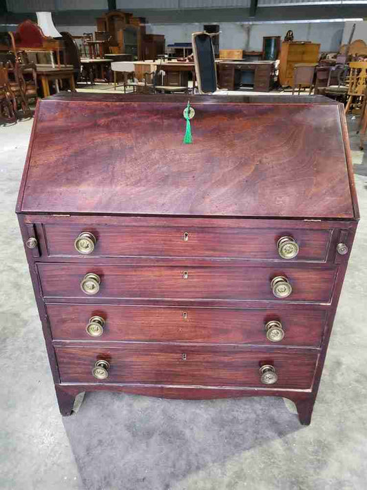 Antique small Georgian mahogany bureau desk splayed legs brass handles 12 drawer