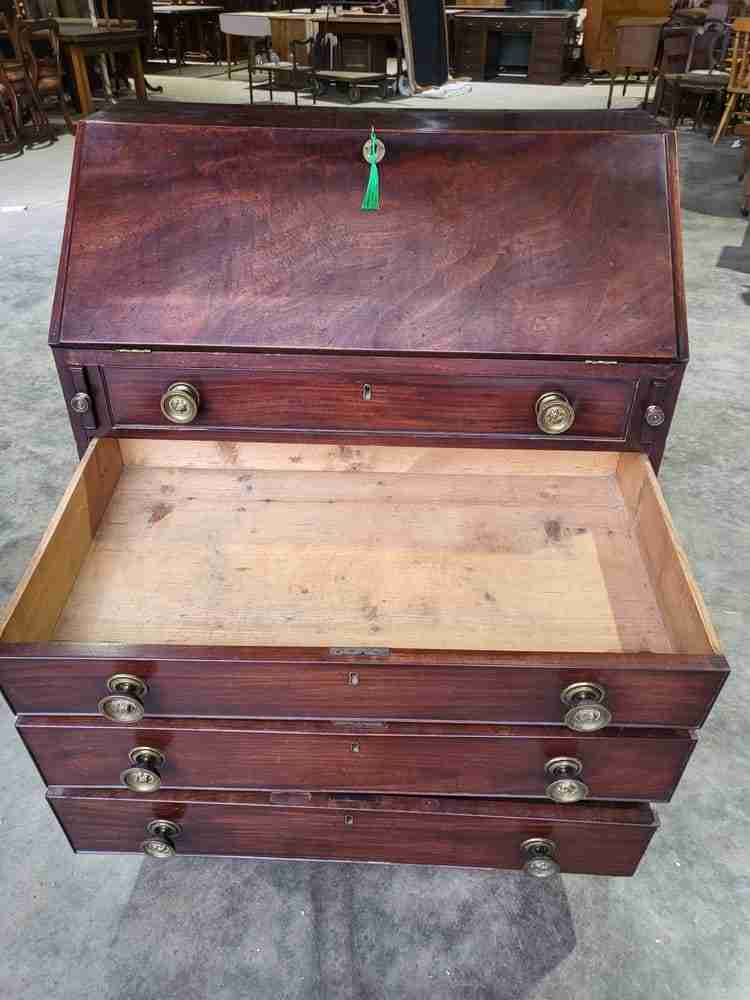 Antique small Georgian mahogany bureau desk splayed legs brass handles 12 drawer