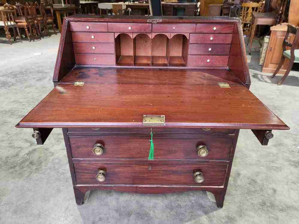 Antique small Georgian mahogany bureau desk splayed legs brass handles 12 drawer