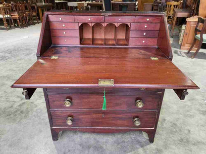 Antique small Georgian mahogany bureau desk splayed legs brass handles 12 drawer