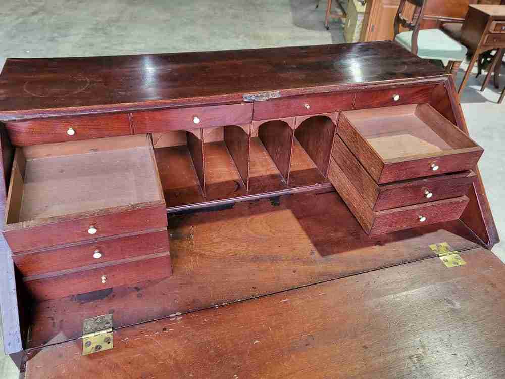 Antique small Georgian mahogany bureau desk splayed legs brass handles 12 drawer