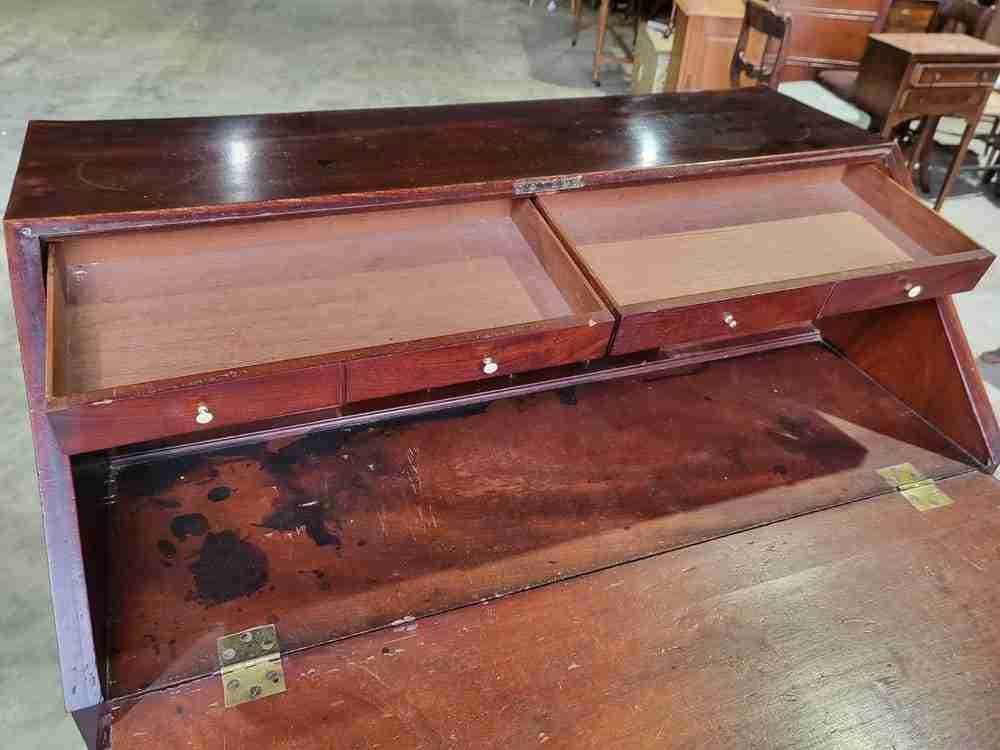 Antique small Georgian mahogany bureau desk splayed legs brass handles 12 drawer