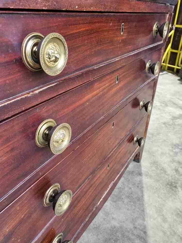 Antique small Georgian mahogany bureau desk splayed legs brass handles 12 drawer