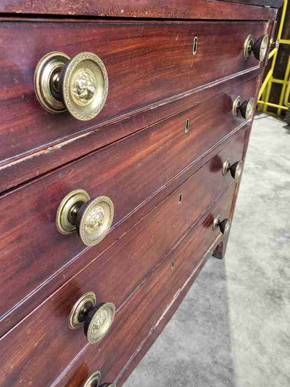 Antique small Georgian mahogany bureau desk splayed legs brass handles 12 drawer