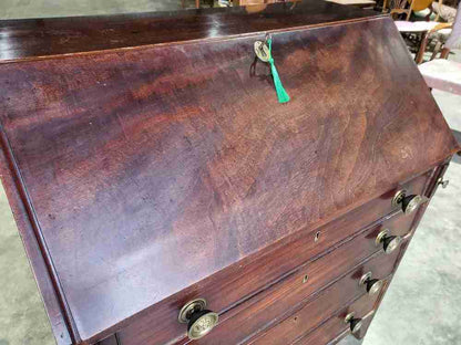 Antique small Georgian mahogany bureau desk splayed legs brass handles 12 drawer