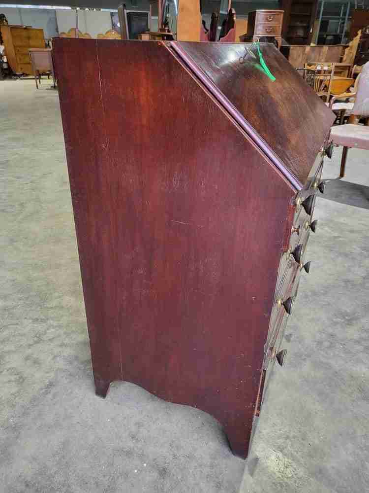 Antique small Georgian mahogany bureau desk splayed legs brass handles 12 drawer