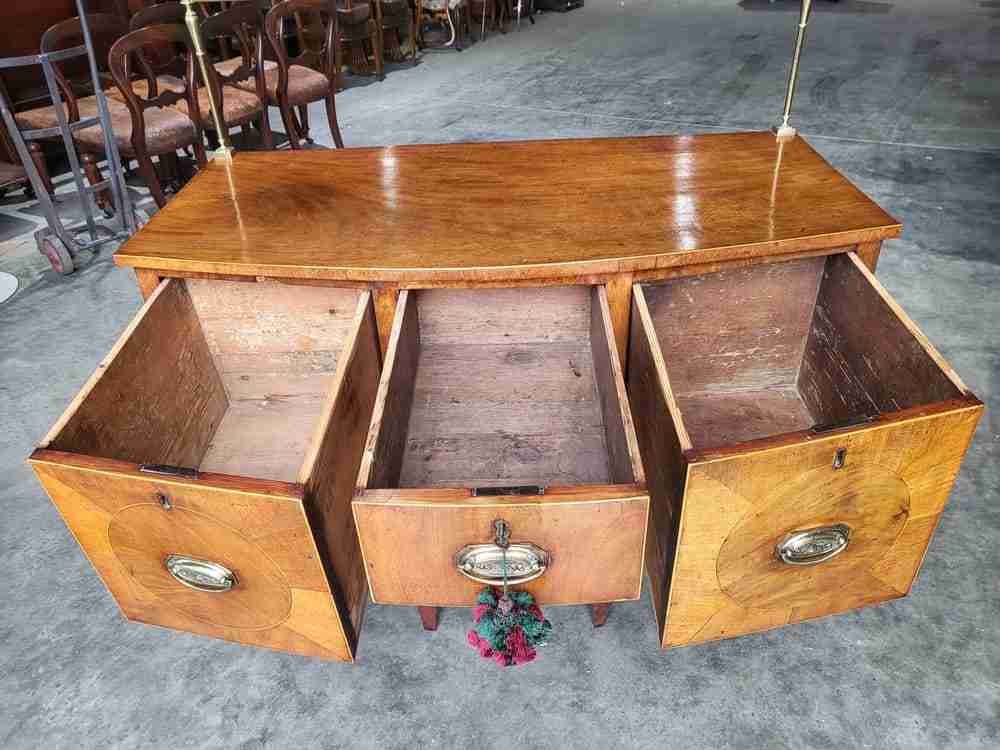 Antique Georgian walnut small bow front sideboard 3 drawers tapered legs