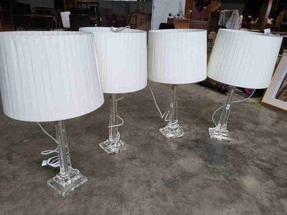 Pair glass single column table lamps pleated white shades