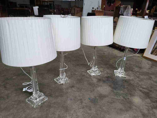 Pair glass single column table lamps pleated white shades