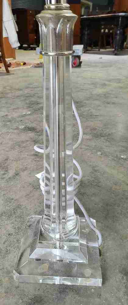 Pair glass single column table lamps pleated white shades