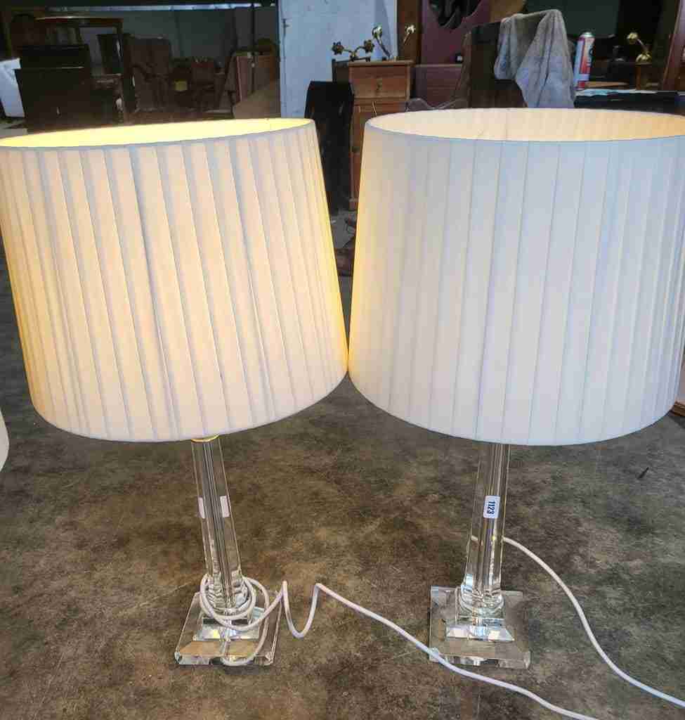 Pair glass single column table lamps pleated white shades
