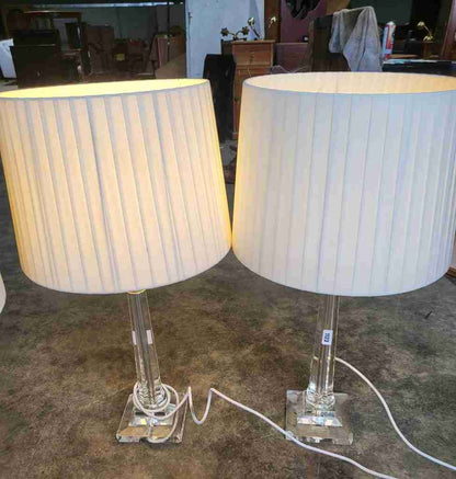 Pair glass single column table lamps pleated white shades