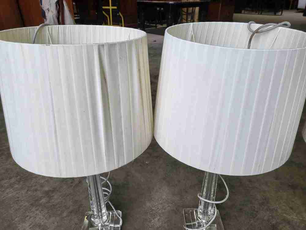 Pair glass single column table lamps pleated white shades