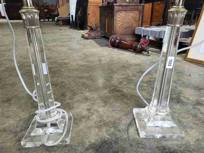 Pair glass single column table lamps pleated white shades