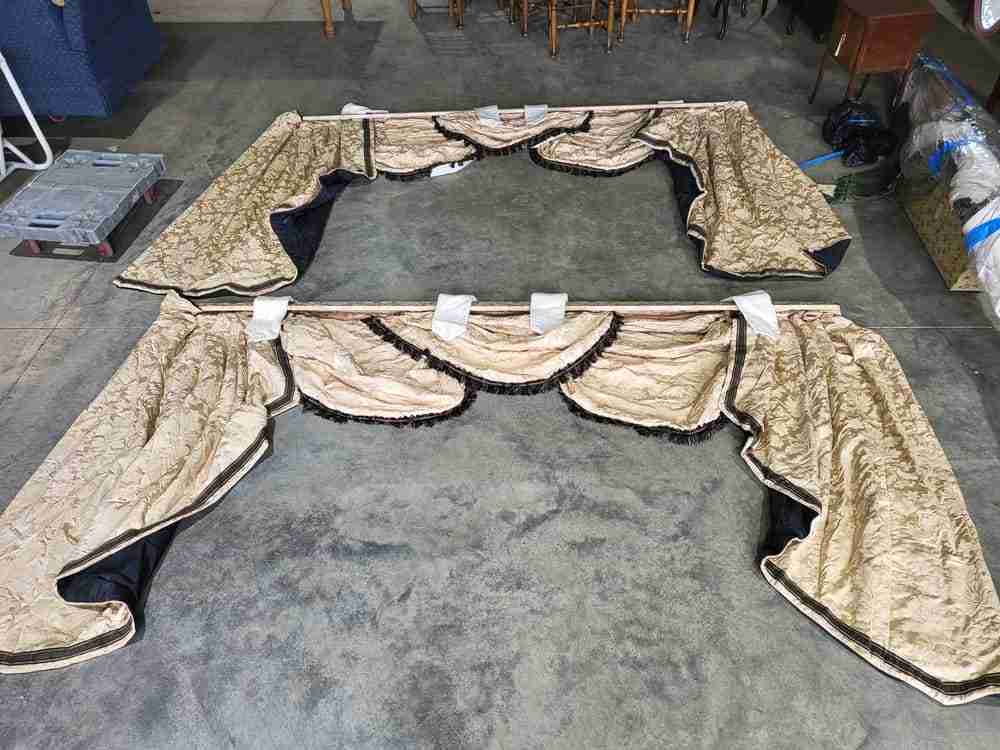 Curtains large pelmet swags gold cream fabric 283cm w x187 drop 9'3" wide lined