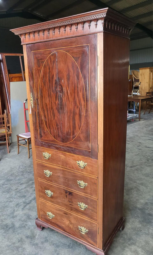 Antique inlaid mahogany single slim wardrobe cupboard