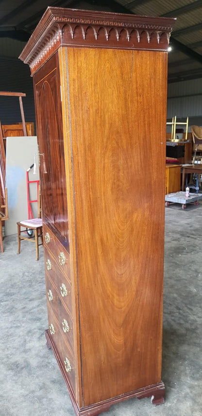 Antique inlaid mahogany single slim wardrobe cupboard