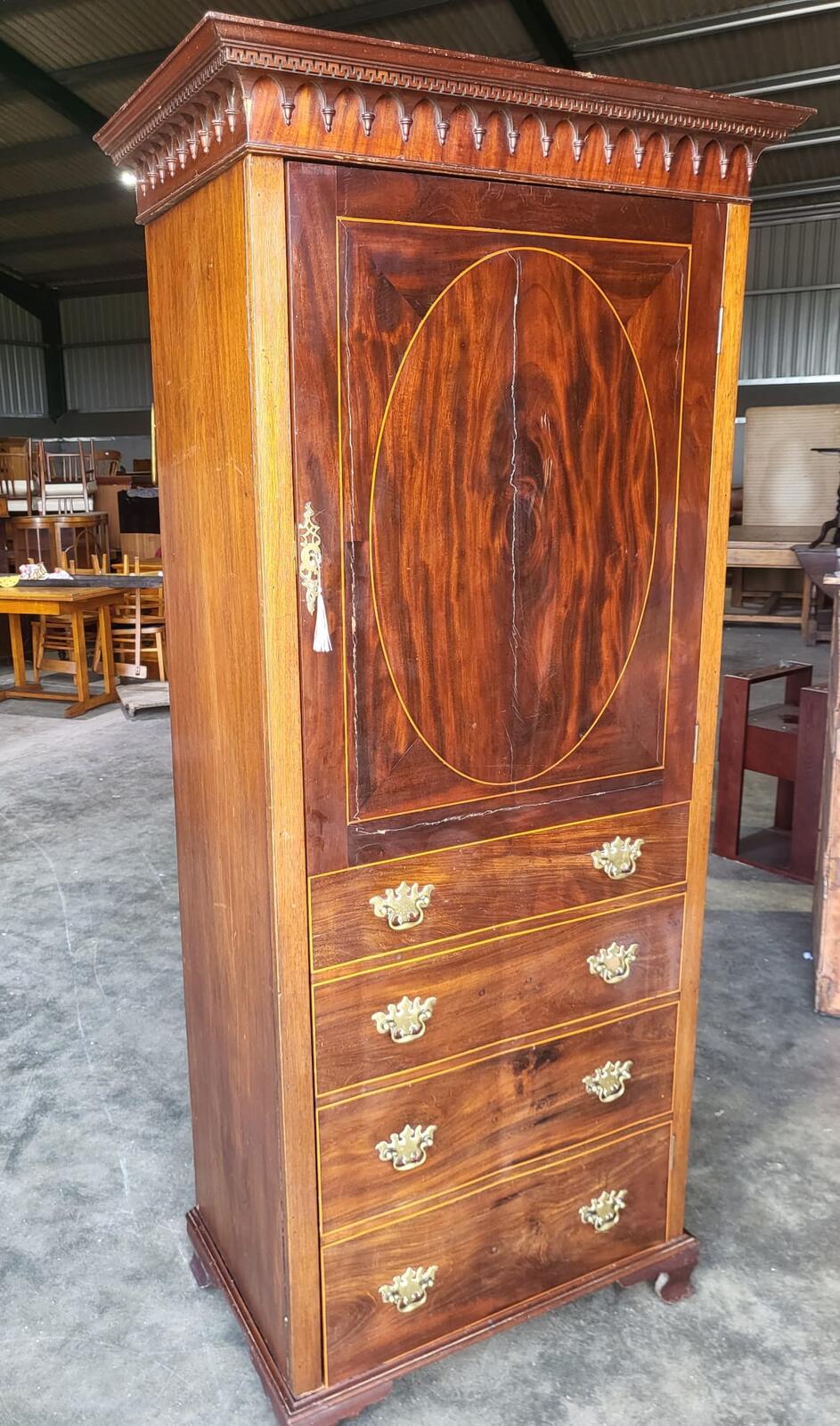 Antique inlaid mahogany single slim wardrobe cupboard