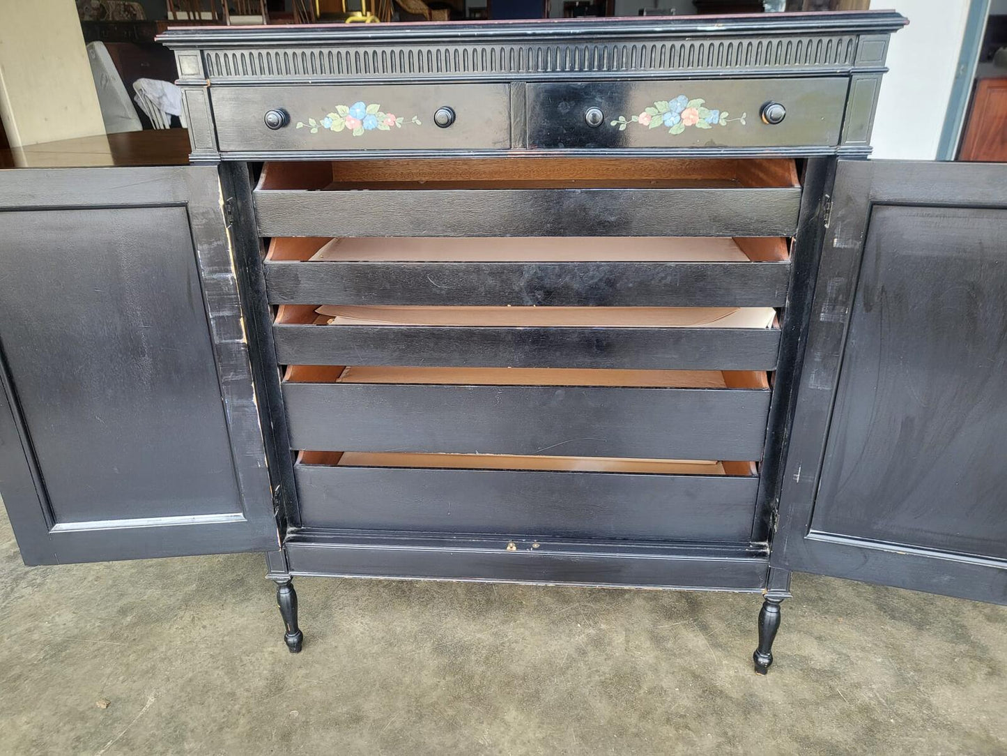 Chinese black large cupboard linen press turned legs drawers