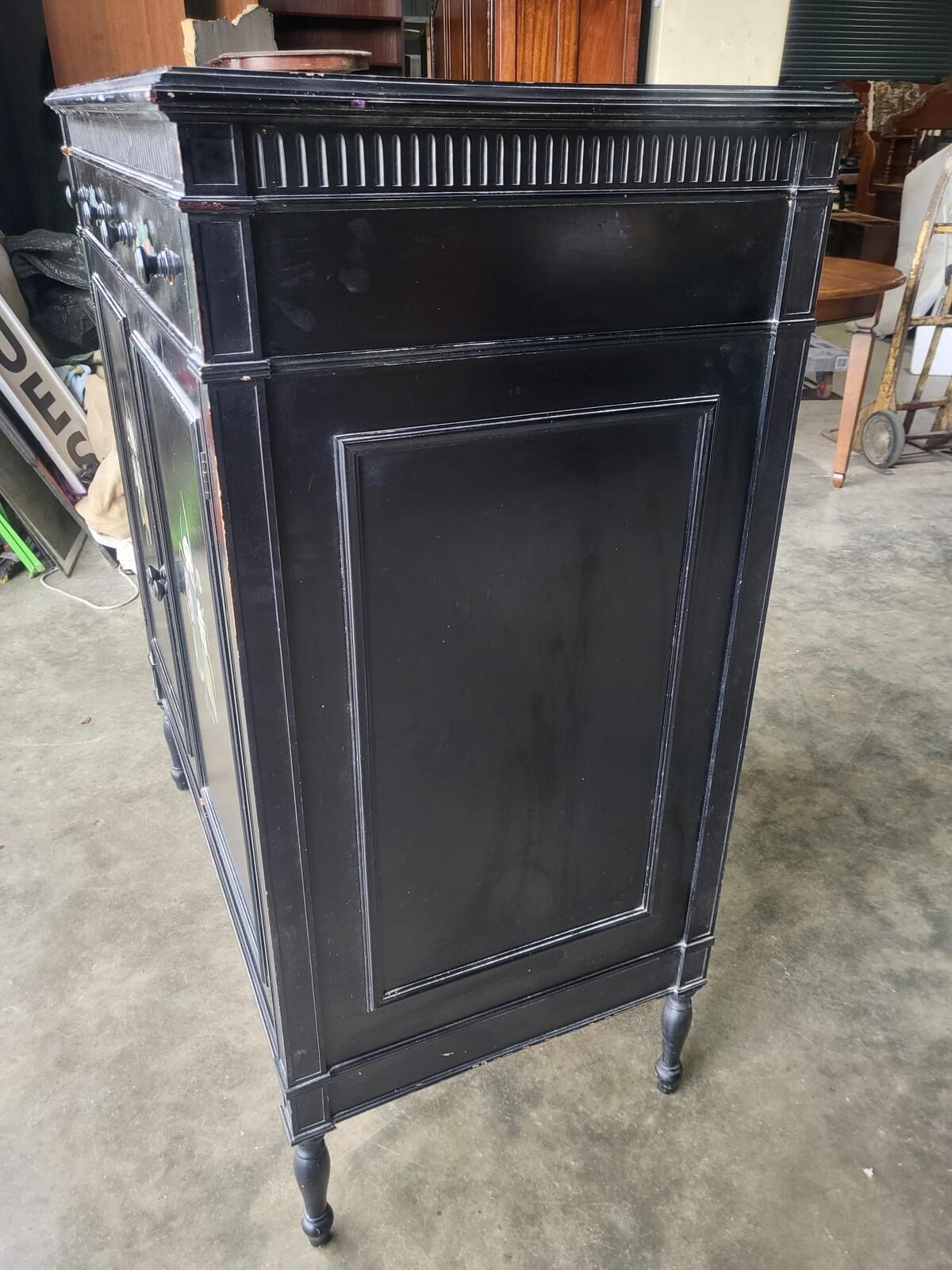 Chinese black large cupboard linen press turned legs drawers