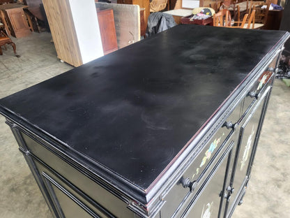 Chinese black large cupboard linen press turned legs drawers