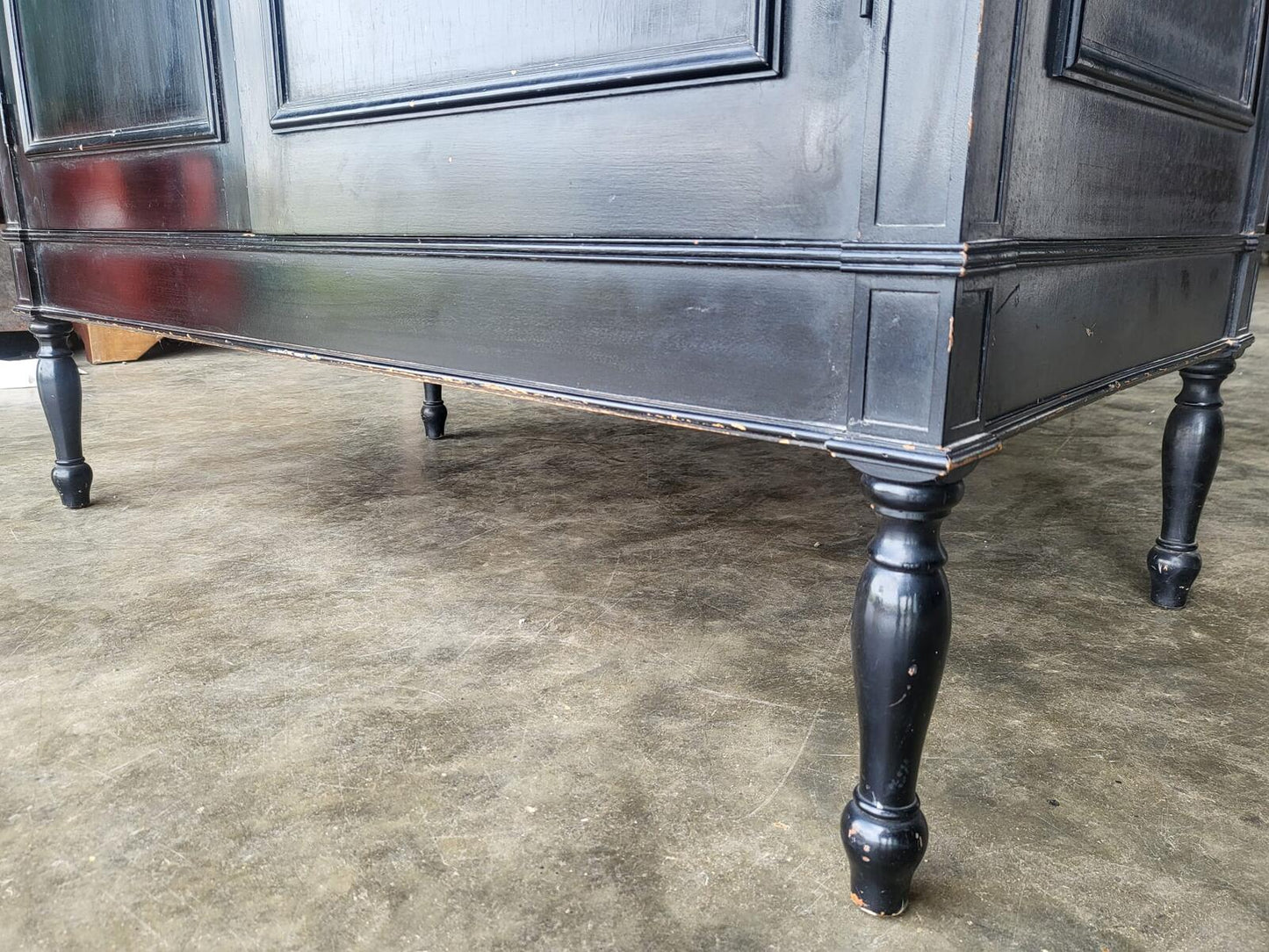Chinese black large cupboard linen press turned legs drawers