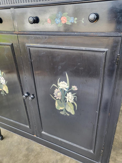 Chinese black large cupboard linen press turned legs drawers