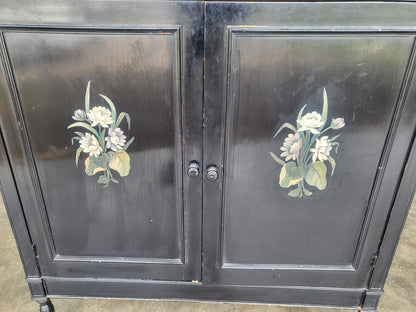 Chinese black large cupboard linen press turned legs drawers