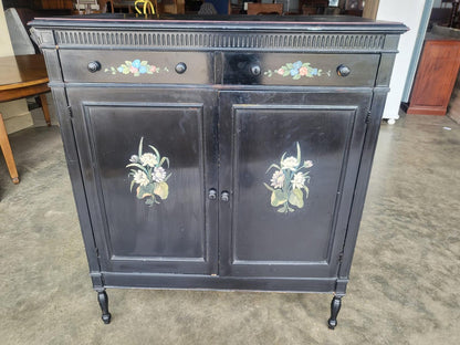 Chinese black large cupboard linen press turned legs drawers