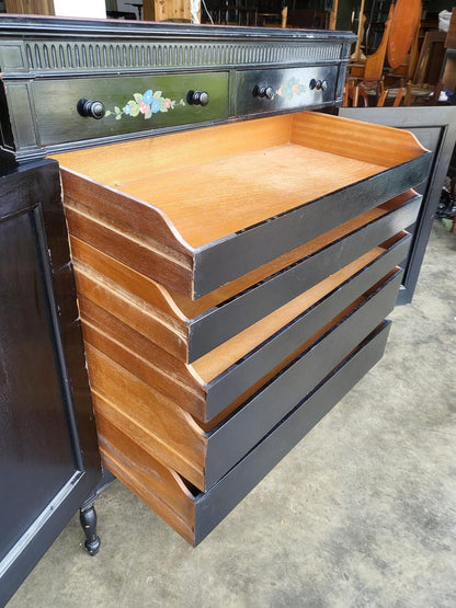 Chinese black large cupboard linen press turned legs drawers
