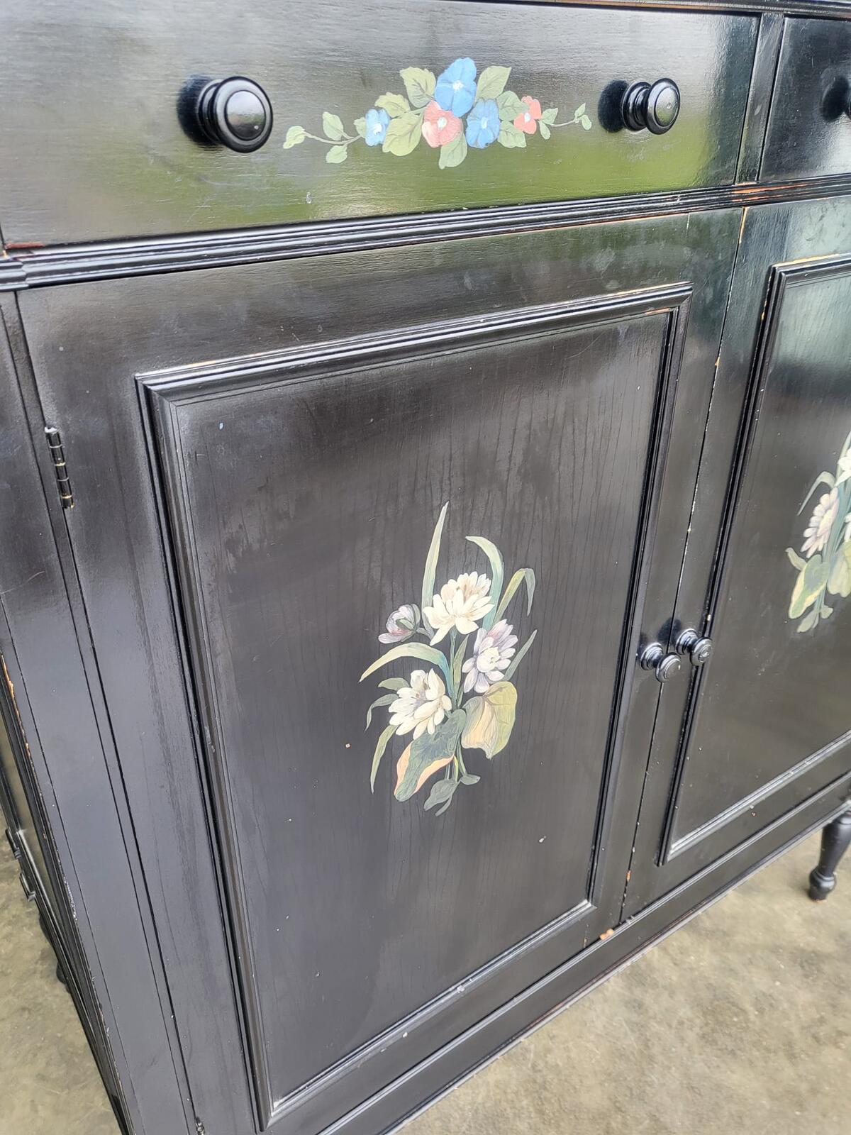 Chinese black large cupboard linen press turned legs drawers