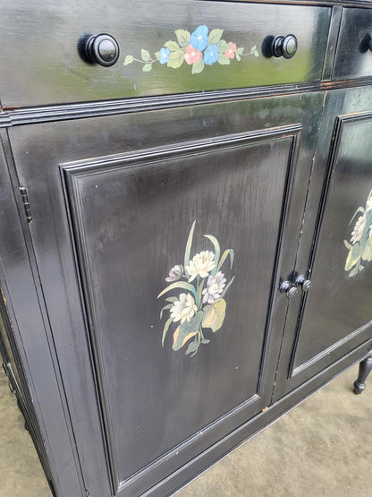 Chinese black large cupboard linen press turned legs drawers