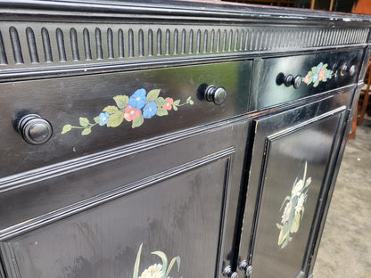 Chinese black large cupboard linen press turned legs drawers