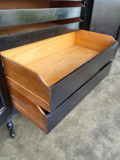 Chinese black large cupboard linen press turned legs drawers
