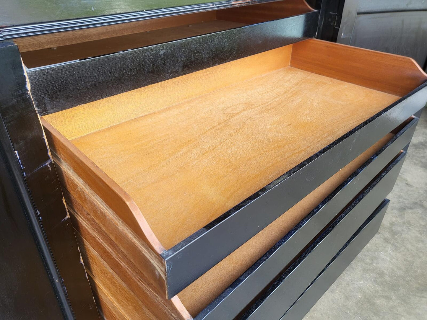 Chinese black large cupboard linen press turned legs drawers