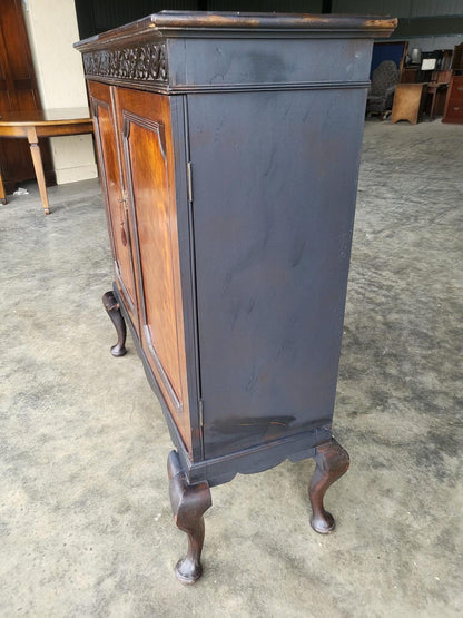 Antique large Edwardian 2 door cupboard cabinet cabriole legs shelves