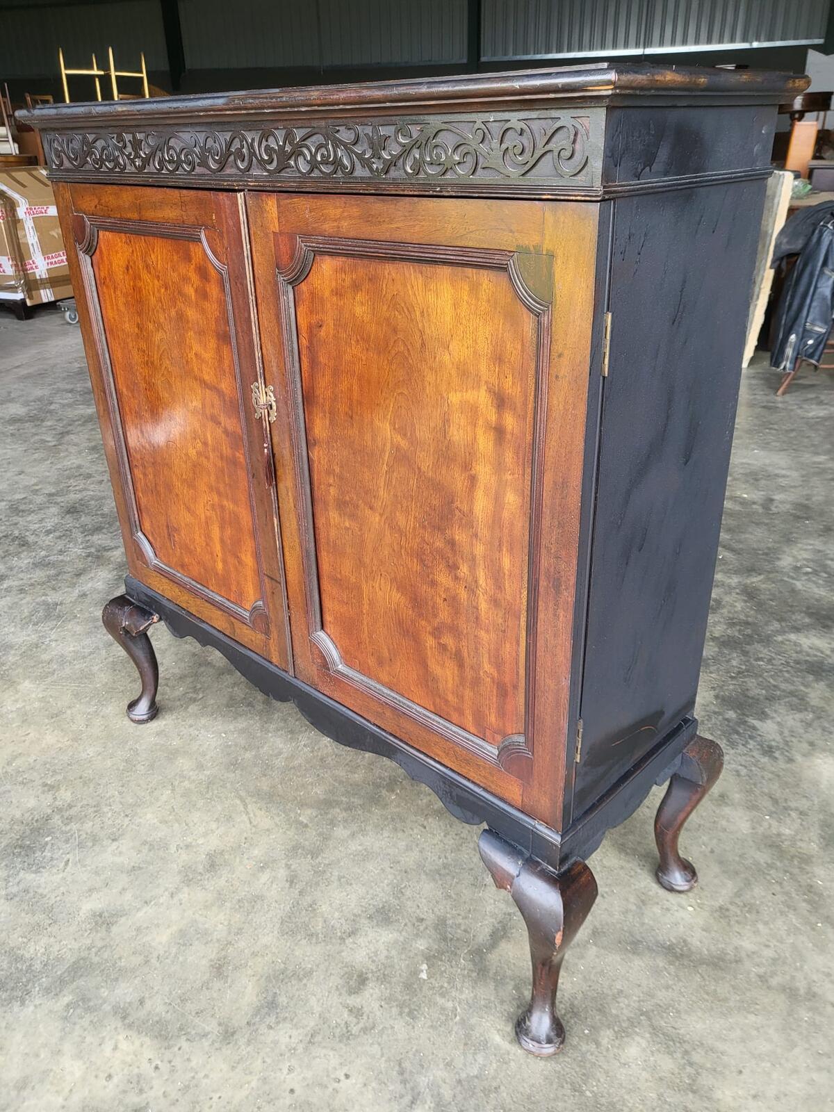 Antique large Edwardian 2 door cupboard cabinet cabriole legs shelves