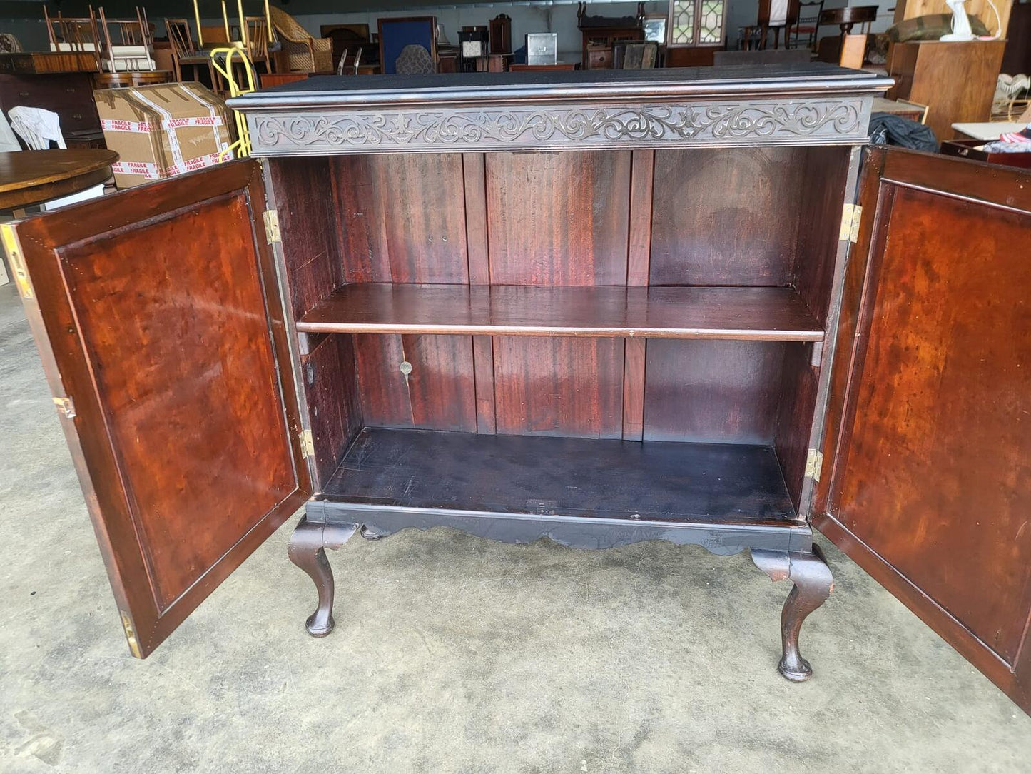 Antique large Edwardian 2 door cupboard cabinet cabriole legs shelves