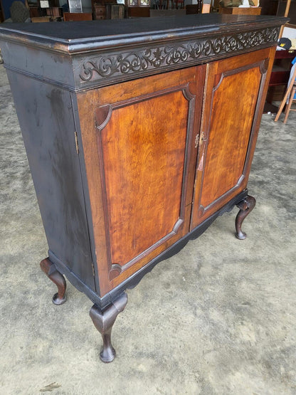 Antique large Edwardian 2 door cupboard cabinet cabriole legs shelves