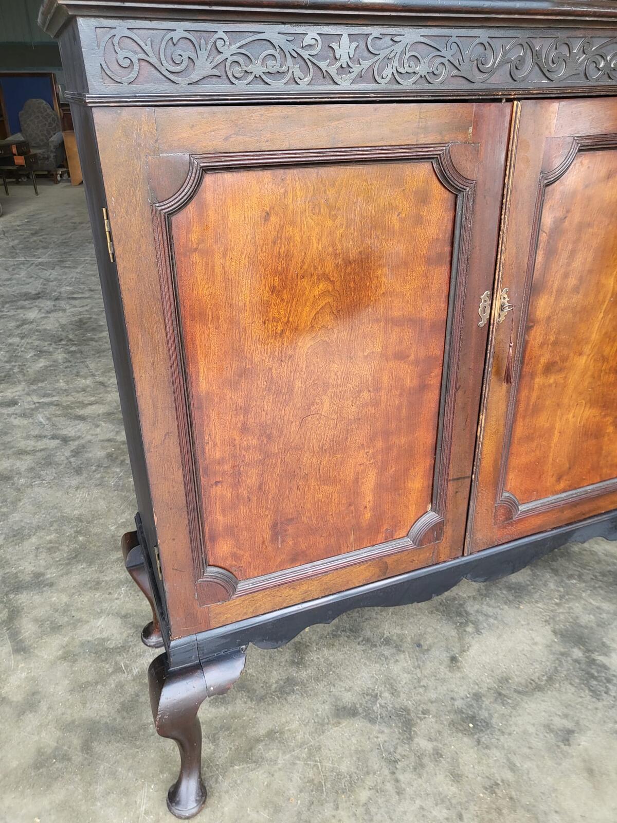 Antique large Edwardian 2 door cupboard cabinet cabriole legs shelves
