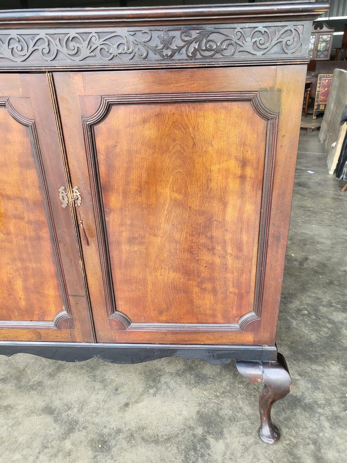 Antique large Edwardian 2 door cupboard cabinet cabriole legs shelves