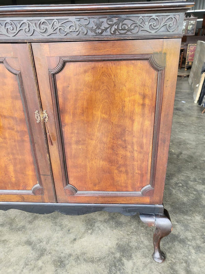 Antique large Edwardian 2 door cupboard cabinet cabriole legs shelves